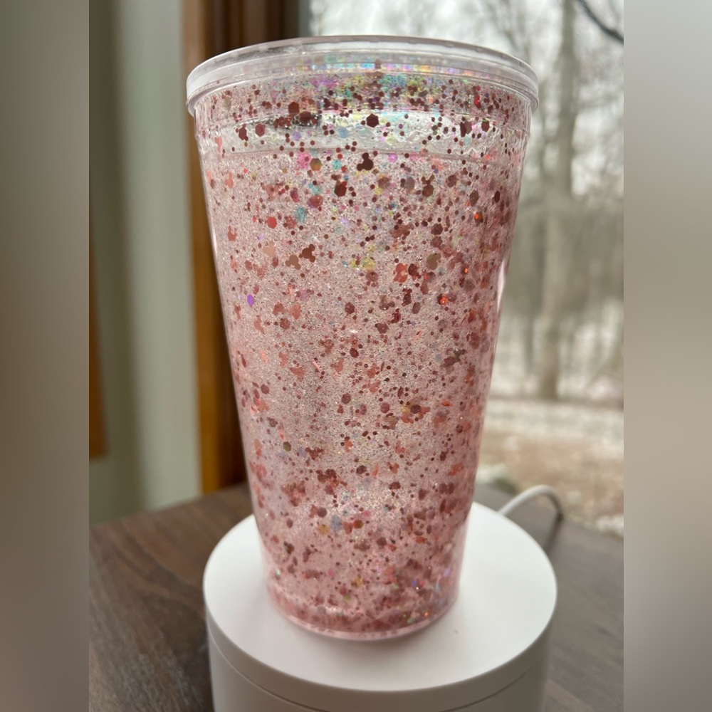 16oz plastic Rose gold glitter snow globe tumbler with rose gold Mickey heads